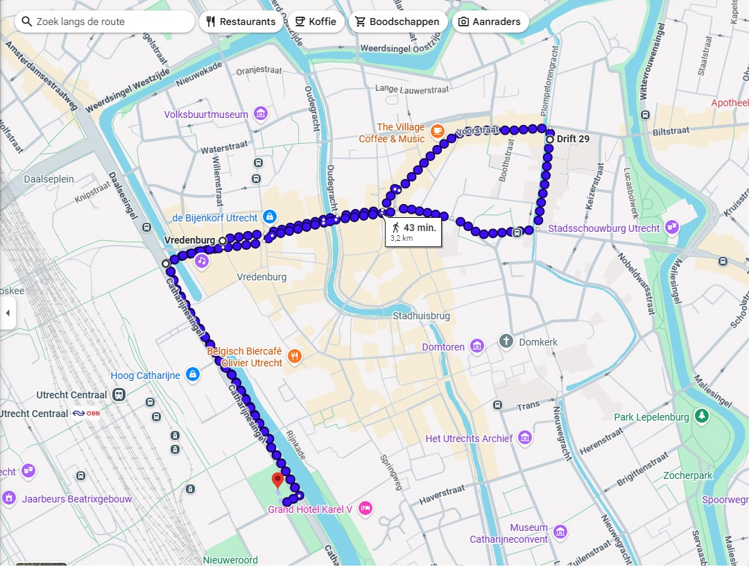 Kaart van de Walk of Hope route door Utrecht, van Stationsplein CS via Vredenburg en Drift naar het Moreelsepark